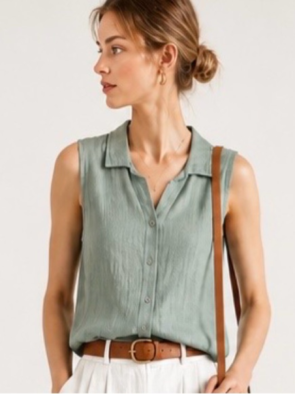 FLAX Blouse Sleeveless Textured 100% Linen Green Button Down Summer Cruise V